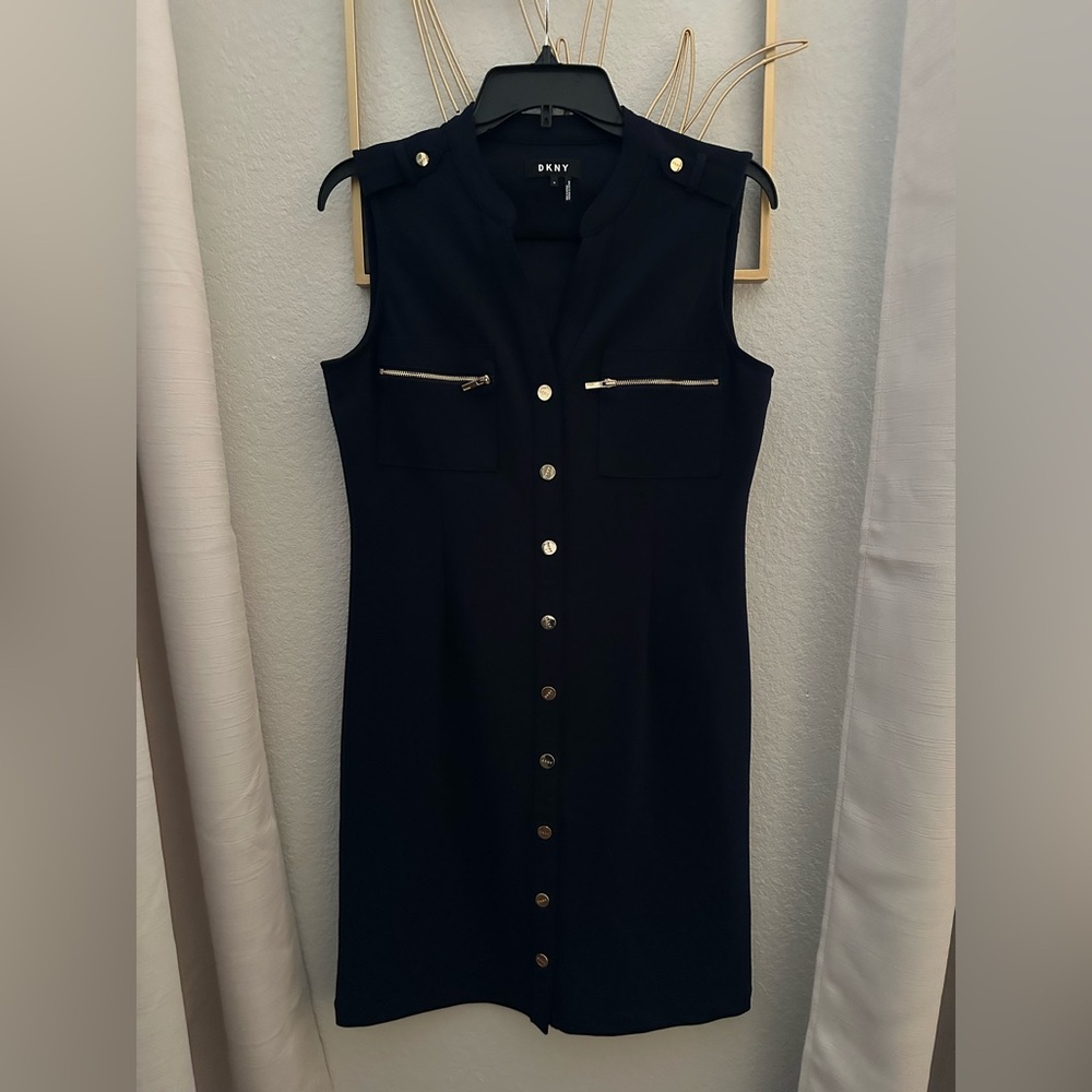 DKNY Navy Midi Dress with Silver Accents